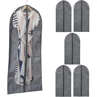 Relaxdays Kleidersack 6er Set, 135 x 60 cm, Vlies, Schutzhülle Anzug, Kleid, Hemd, grau/transparent