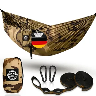 Monkey Swing Hängematte Ultraleicht inkl. Karabiner & Schwerlastgurten (bis 300  kg belastbar, 275 x 140 cm) – ideal für Camping, Outdoor, Trekking & als Reisehängematte (Camouflage)