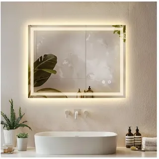Tectake Boromal Badspiegel mit Beleuchtung 50x70cm Badezimmerspiegel Kosmetikspiegel Schminkspiegel Wandspiegel mit Touchschalter, 3 Lichtfarben Dimmbar