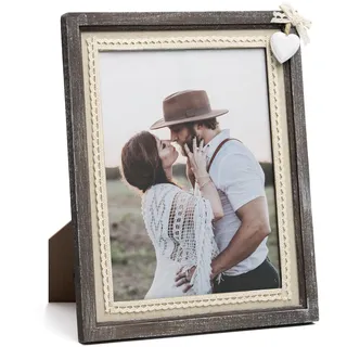 Afuly Bilderrahmen 20x25 Holz Rustikal Braun Vintage Shabby Massivholz Fotorahmen mit Weiß Herz Sackleinen Deko für Wand- oder Tisch Hochzeit Geburtstag Festival Geschenke für Mama Oma