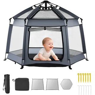 VEVOR Baby Laufgitter 150x150x106 cm, Laufstall für Kleinkinder mit Baldachin, Spielstall, tragbarer Spielplatz mit LSF 50+ Sonnenschutz & Reisetasche für Zuhause, Park, Strand, faltbar & leicht