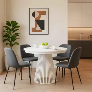 Runder Tisch LUMI Ø 100–180 cm ausziehbar, Metallbeine, Loft-Stil, Farbe: Weiß/Weiß - Weiß