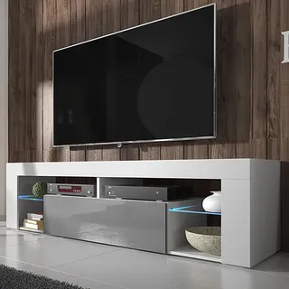 Selsey TV-Schrank BIANKO TV-Lowboard Weiß Matt/Grau Hochglanz 140 cm mit LED-Beleuchtung - Grau