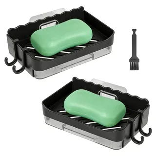 XRVRILE Seifenhalter Dusche ohne Bohren 2er Set Schwarz – Selbstklebende Seifenschale mit Ablauf, Wandmontage Seifenablage mit Haken, belastbar bis 10 kg für Bad, Küche und Dusche