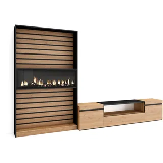 Skraut Home TV-Möbel | Esstisch-Set | 210 x 186 x 35 cm | für Fernseher bis 80 Zoll | elektrischer Kamin | moderner Stil | Eiche und Schwarz