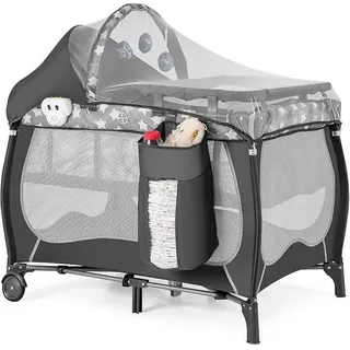 4 in 1 Babybett, Grau Spielbogen & Spieluhr, Stubenwagen mit Rollen, Tragetasche, tragbares Beistellbett Reisebett mit faltbaren Matratze, Wickeltisch, Baldachin, für Baby bis 36 Monaten - Dunkelgrau