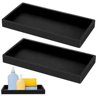 2 Stück Dekotablett Deko Tablett, Badezimmer Tablett Schwarz Silikon Ablageschale, für Badewanne Küchen Toilette Schminktisch Kosmetisch Kerzen Tabletts (Rechteck, 19,5 x 9,8 x 1,7 cm)