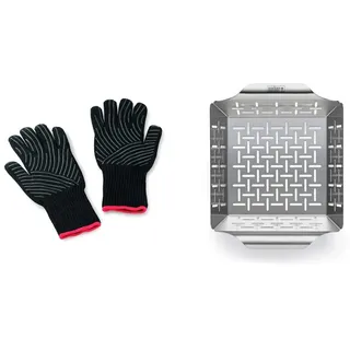 Weber 6670 Premium Handschuhe, Größe L/XL, Grillhandschuhe, bis 260°C & 6481 Deluxe Gemüsekorb 19x24 cm, Grillkorb, für Fisch, Fleisch und Gemüse, aus Edelstahl