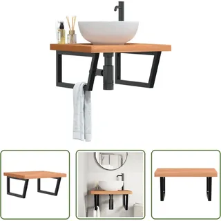 The Living Store Waschbeckenregal Wandmontage Stahl und Massivholz Buche - Braun