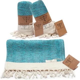 Smyrna Original Türkische Handtücher Fischgräten-Serie 2er Set | 100% Baumwolle, 16 x 40 Zoll | Dekoratives Pestemal-Handtuch für Hand, Gesicht, Haare, Fitnessstudio, Yoga, Tee, Küche und Bad (Türkis)