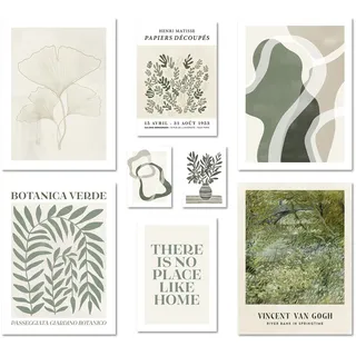 ARTFAVES® Poster Set - Botanica Verde - mehrteilige Wanddeko Wohnzimmer & Schlafzimmer - 8 moderne Wandbilder natur, beige, grün, grün-beige, abstrakt, pflanzen, botanik, van gogh - ohne Bilderrahmen