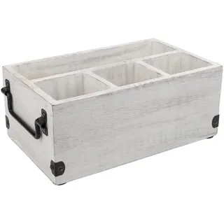 GoCraft Besteckkorb mit 4 Fächern, Besteckhalter, Besteckhalter, Besteck-Organizer mit Serviettenhalter für Küche, Esszimmer, Picknicks, weiß gewaschenes Mangoholz-Caddy mit Metallgriffen