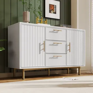 MODFU Kommode Sideboard mit 2 Türen und 3 Schubladen(Verstellbare Ablage), Schrank Nachttisch für Wohnzimmer, Schlafzimmer, Kinderzimmer, Jugendzimmer und Büro, Weiß - Weiß