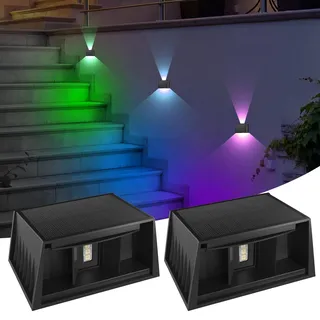 T-SUN LED Solarlampen für Außen wand, Solar Wandleuchte Aussen Einstellbare Up and Down Leuchten, 8 Farben RGB Solar Außenwandleuchten IP65 Wasserdicht für Garten Balkon Terrasse Hof Porch 2 Stück