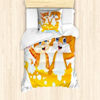 ABAKUHAUS Tier Mantele, Cartoon-Katze und Hund Bad, Milbensicher Allergiker geeignet mit Kissenbezügen, 135 cm x 200 cm - 80 x 80 cm, Gelb Braun Blau - Gelb