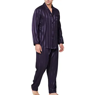 Lonxu Pyjama-Set für Herren, Seidensatin, langärmelig, Loungewear, zweiteilig, Nachtwäsche, Button-Down-Pyjama-Set, S-XXXXL, Lila gestreift, Large