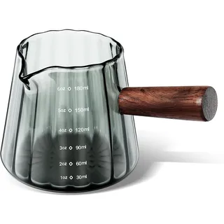 Joeyan 180ml Espresso Messbecher Glas mit Holzgriff, Klein Measuring Cup mit Skala, Transparent Messgläser mit V-förmiger Öffnung,Cocktail Messbecher ML für Kaffee Milch, Borosilikatglas, Grau