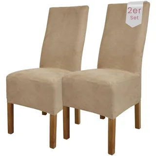 Scheffler Home Stuhlhussen Beige-Stein Velours 6er Set Leon – Waschbare elastische Stuhlbezüge für Esszimmerstühle, Hochlehner und Polsterstühle – Stretch Husse, Oeko-TEX Zertifiziert