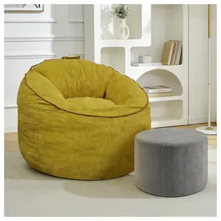 STILVORA Sitzsack-Sessel ergonomisch mit gebogener Form und Ablagetasche, Loungesessel mit passendem zylindrischem Hocker, Wohnzimmersessel für modernen Wohnkomfort - Gelb