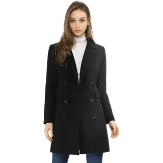 Allegra K Damen Langarm Wintermantel Umlegekragen Zweireiher Kammgarn Trenchcoat Mantel Schwarz XL