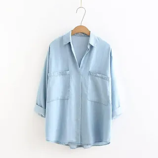 Damen Bluse Elegant, Damen Lange Tencel Jeanshemd Bluse Lässig Hellblau Dünne Waschung Verblasst V-Ausschnitt Shirt Tops Mode 3/4 Ärmel Button-Down-Blusen Büroarbeitsblusen Tops Mit Tasche