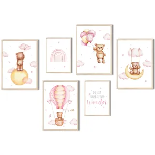 MeinBaby123® Poster Kinderzimmer | 6er Set DIN A4 Poster Set | Wandbilder mit Spruch | Regenbogen | Deko Kinderzimmer Mädchen Junge | Babyzimmer Deko (Bär & Luftballon rosa)