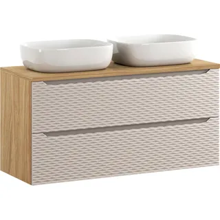 Badezimmerschrank 120 cm mit Arbeitsplatte und 2 Waschbecken - 3D millwork beige + geölte Eiche - Beige, Braun, Weiß