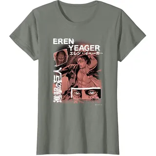 Attack on Titan Eren Yeager Japanese Manga Collage Portrait T-Shirt, Damen, Heidekraut/Armeegrün, L