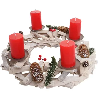 Adventskranz rund, Weihnachtsdeko Tischkranz, Holz Ø 40cm weiß-grau mit Kerzen, rot - Weiß