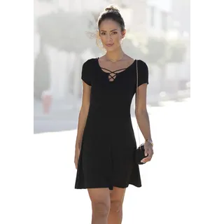 Sommerkleid LASCANA, Damen, Gr. 34, N-Gr, schwarz, Jersey, Obermaterial: 95% Viskose, 5% Elasthan, unifarben, figurumspielend ca. Mitte Oberschenkel, V-Ausschnitt, Kleider Sommerkleid, mit Zierbändern am Ausschnitt, Minikleid mit Stretch, Strandkleid, Topseller