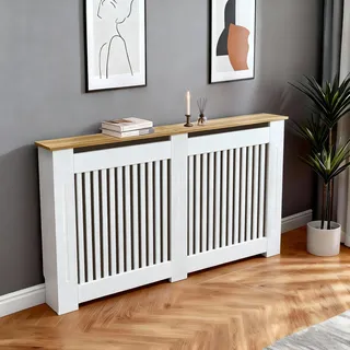 FATIVO 152×20×92.5 cm Vertikal mit Holz Heizkörperverkleidung Hohe Heizkörperabdeckung mit Holzstruktur Lamell Holz aus verdicktes MDF lackiert Landhausstil für Schlafzimmer Wohnzimmer Büro