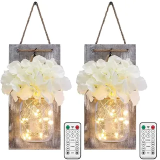 Glighone Mason Jar Licht Vintage Wandleuchte mit künstlicher Blume Holz Dekoration Rustikale wanddeko String Licht für Weihnachten Wohnzimmer Schlafzimmer Wand Dekoration Herbst 2 Stück