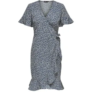 ONLY Damen Blusen Wickelkleid Lockeres Midi Kurzarm Tunika Dress Knielang mit Bindegürtel ONLOLIVIA, Farben:Blau-3, Größe:36