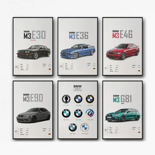 XUPUE BMW M3 Collection-Poster, 6 Stück, BMW E30, E36, E46, E90, G81, Poster für Jungen, Schlafzimmer, Männer, Höhle, Auto, Ästhetik-Poster (ungerahmen, 20,3 x 30,5 cm, 6 Stück)