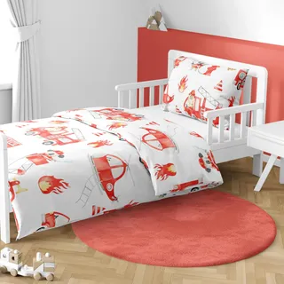 MTOnlinehandel Babybettwäsche 100x135 cm Set – 2-teilig mit Kissenbezug 40x60 – Kinderbettwäsche Little Hero Tiere - Baumwolle – Feuerwehr & Feuerwehrauto Motiv – Oeko-TEX Zertifiziert