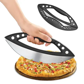 Foyucool Großer Pizzaschneider mit Schutzhülle 29 cm, Pizza Cutter | Edelstahl Pizza Wiegemesser Mit 6 Vanille-Abisolierlöchern, Rutschfester Griff, zum Schneiden, Kuchen, Brot, Kräutern