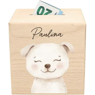 Hund Spardose für Kinder personalisiert Bauernhof Tiere Sparbox aus Holz Sparschwein mit Schlüssel Geschenk für Jungen & Mädchen Holzspardose