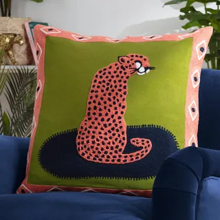 furn. Korallenfarbenes Kissen, Bestickt, Baumwolle, Samt, Federn, gefüllt, Gepardenmuster