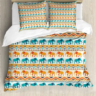 ABAKUHAUS Elefant Bettbezug, Exotische geometrische Kunst, Milbensicher Allergiker geeignet mit Kissenbezügen, 155 cm x 220 cm - 80 x 80 cm, Turquoise Orangencreme - Grau
