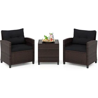 FANTASK 3-TLG. Rattan Gartenmöbel Set, Gartenmöbel Set inkl. 2 Sessel, Kissen & Tisch mit gehärteter Glasplatte, Balkonmöbel für 2 Personen, Wetterfeste Sitzgruppe für Garten (Mix Braun + Schwarz)