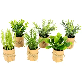 Flair Flower Künstliches mini Kräuter Sortiment im Papiertopf Pflanzen Kunstpflanzen Eukalyptus Rosmarin Spinat Thymian Basilikum Lauch Schittlauch Gartenkräuter Deko für Küche Wohnzimmer 6er Set, 12x8x8cm