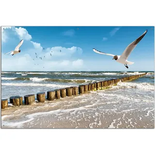 Wallario Outdoor-Poster für Garten oder Balkon, Motiv Fliegende Möwe am Strand, in ca. 61 x 91,50 cm - Blau
