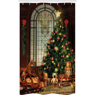 ABAKUHAUS Weihnachten Schmaler Duschvorhang, Weihnachtsbaum, Badezimmer Deko Set aus Stoff mit Haken, 120 x 180 cm, Braun Grün Rot