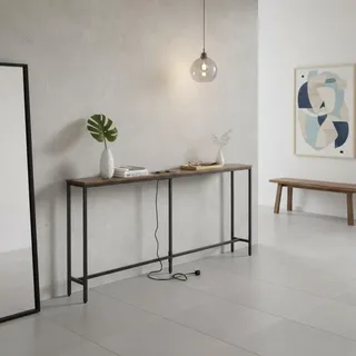 FurnitureR L180 cm Konsolentisch, mit Ladestation, Slim Sofa, Tisch, Industrial Entrance Desk mit 2 USB-Ports, Narrow Desk für Eingangsbereich, Hallway, Wohnzimmer, Büro, rustikales Braun