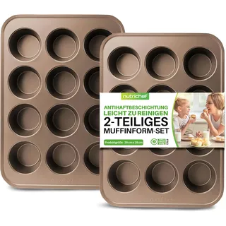 NutriChef Muffin Backform 2er-Set – 35 x 26 cm Muffinblech für 12 Muffins, inkl. 100 Muffinförmchen aus Papier, Antihaft aus Karbonstahl, spülmaschinenfest, ideal für Cupcakes, Kuchen