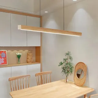 Bellastein LED Holz Pendelleuchte Moderne Dimmbare Linear Design Hängeleuchte mit Fernbedienung Esstisch Hängelampe Höhenverstellbar Esszimmer Büro Wohnzimmer Kronleuchter (‎Holzfarbe, L150cm)