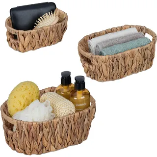 Relaxdays Aufbewahrungskorb 3er Set, aus Wasserhyazinthe, für Bad, Wohn- & Schlafzimmer, Organizer, Flechtkorb, natur