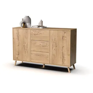 Muebles Pitarch | Sideboard für Wohn- und Esszimmer, Buffet, Beistellschrank, 2 Türen und 3 Schubladen, Eiche Gold, 89x140x40 cm, Speisekammer, Küche, Büro, Druckverschluss oder Push-Pull, Modern, Nordisch, Modell Oslo