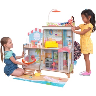 KidKraft Riesenrad Strandhaus Puppenhaus aus Holz mit Möbeln und Zubehör, Spielset mit Hängematte und Strandstuhl für 30 cm Puppen, Spielzeug für Kinder ab 3 Jahre, 20053