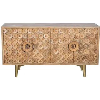 DRW Sideboard mit 4 Holztüren und Metallbeinen in Natur und Gold, 152 x 45 x 83 cm